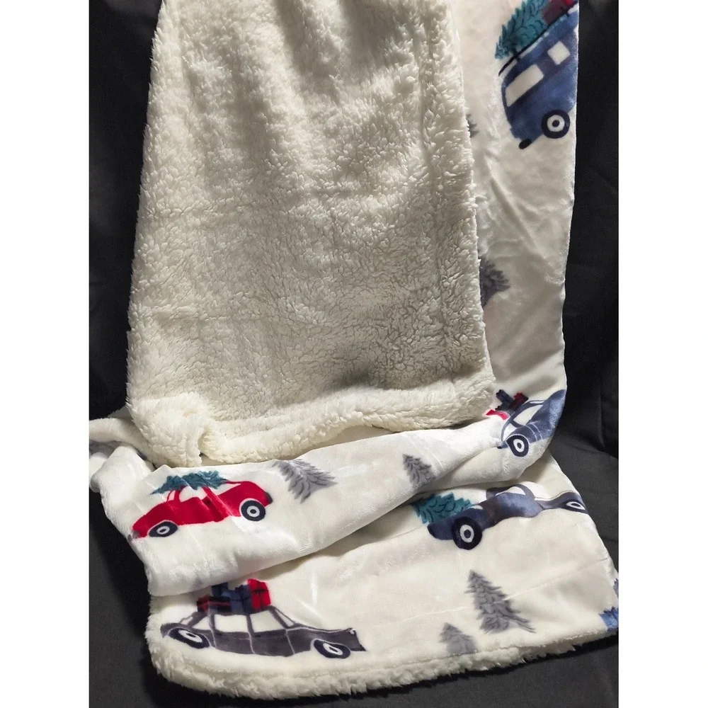 Velvet Berber Throw, White w/Multicolor Trucks‎ and Christmas Trees, SUPER SOFT